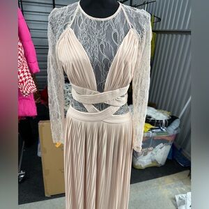 ASOS Lace and Pleated Long Sleeve Dress in Cream